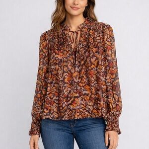 Marie Oliver Silk Metallic Blouse Smocked Neck Floral Top Medium